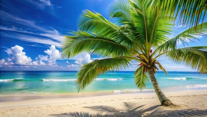 Obraz premium Palm tree on tropical beach with swaying leaves and serene ocean background, foliage, peaceful, foliage, peaceful, tropical