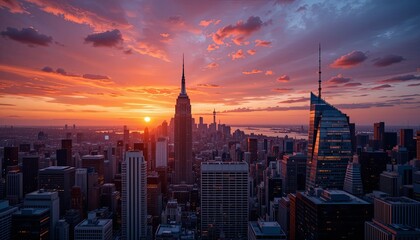 Sunset skyline view new york city gigapixel cgi urban landscape aerial perspective