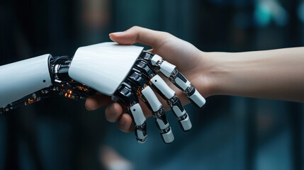 robotic hand and human hand engage in handshake, symbolizing collaboration and technological advancement. scene highlights intersection of human and artificial intelligence in futuristic setting