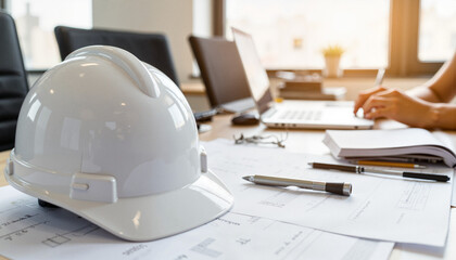 White hard hat on engineering desk with blueprints.