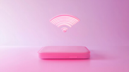 pink router floats in air with glowing Wi Fi icon above it, set against pink background