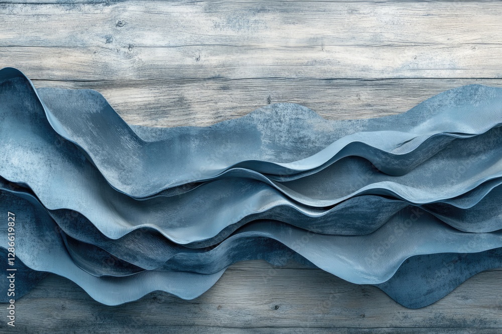 Poster abstract blue waves flowing over a rustic wooden background creating a calming, textured visual.