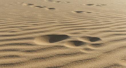 Close-up of desert sand with faint footprints. This close-up image captures the texture and subtle ripples of desert sand.