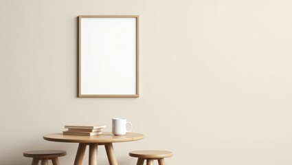 Elegant Interior with Empty Frame, Books, and Coffee Mug on Table Mockup