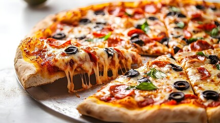 Deliciously cheesy pizza topped with pepperoni and olives, served on a silver platter with fresh basil