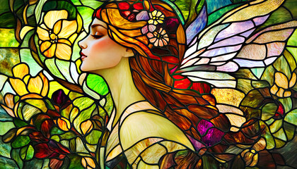 Stained glass background with fairy and floral pattern