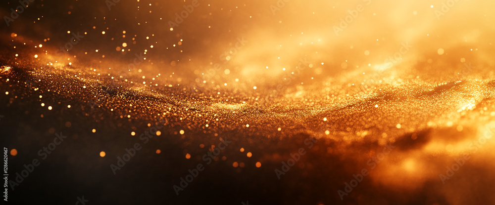 Aufkleber close-up of golden sparkles and glowing dust particles floating in the air, creating a magical, abst