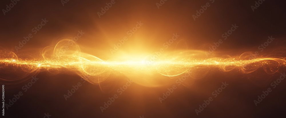 Poster abstract glowing golden light streak with particles creating a magical effect on a dark background, 