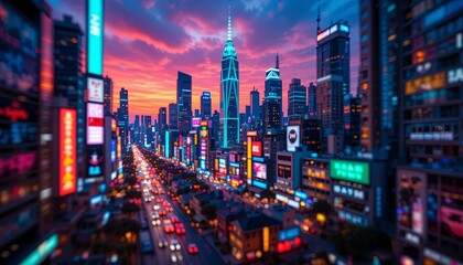 Fototapeta premium Vibrant cityscape at dusk urban center gigapixel cgi nighttime aerial view modern architecture