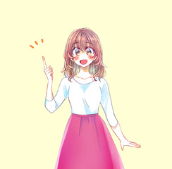 人差し指をさす明るい表情の女性