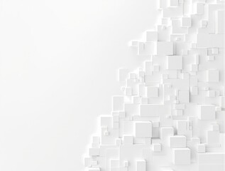 Fototapeta premium White cube box blocks forming a random geometric pattern on a plain white background, minimalist decor, modern interior