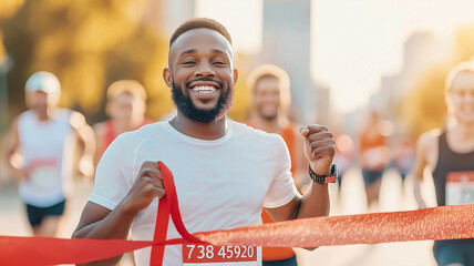 Happy African American runner crossing finish line with smile, celebrating victory in marathon event. atmosphere is filled with excitement and achievement