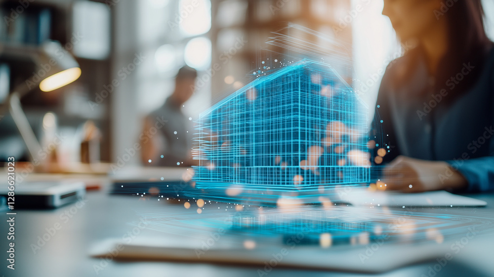 Poster high tech digital hologram of modern building is displayed on desk, showcasing innovative architectu