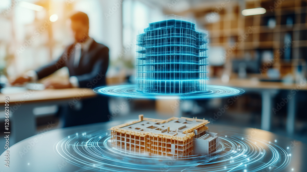 Poster high tech digital hologram of modern building is displayed above physical model, showcasing advanced
