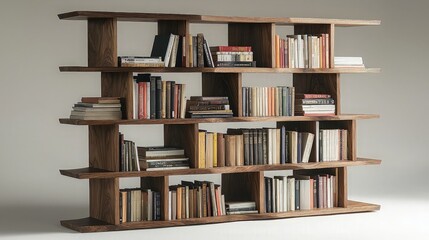 Modern walnut bookcase filled with books