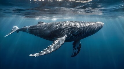 Obraz premium Enormous Blue Whale Gliding Serenely in the Vast Depths of the Sea