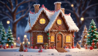 Fototapeta premium Whimsical gingerbread house with icing snow and festive decorations, cozy cabin, seasonal decor