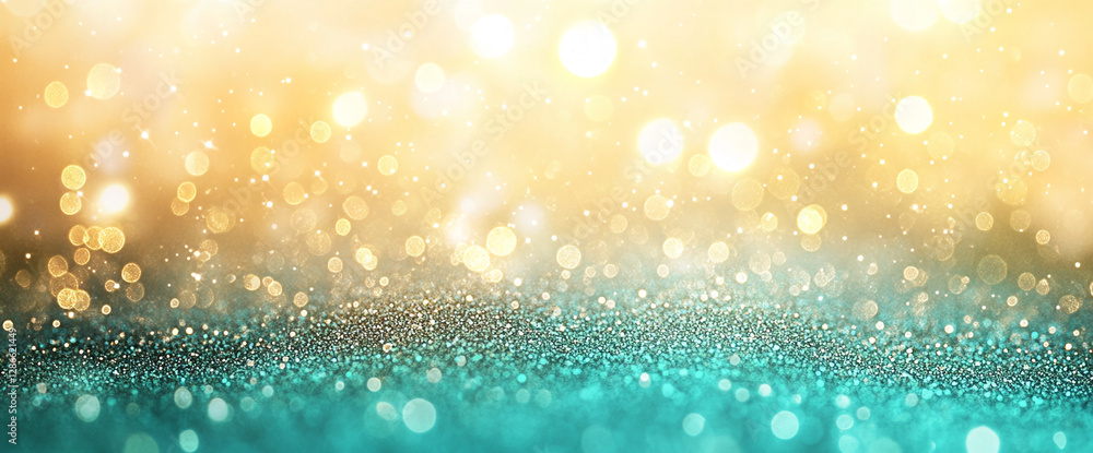 Poster Golden and teal bokeh lights glowing with sparkle, creating a dreamy and festive atmosphere with a shimmering background, symbolizing celebration and joy.