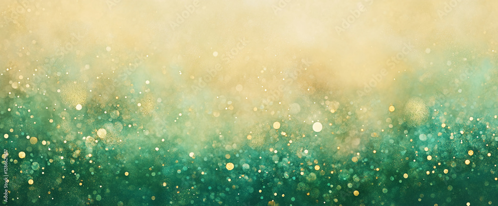 Poster Golden and teal bokeh lights with sparkling particles blending together to create a dreamy, festive atmosphere, symbolizing celebration, holiday joy, and elegant moments.