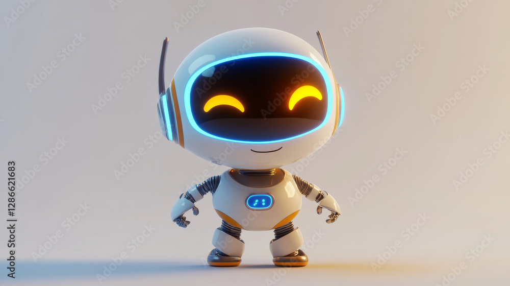 Poster cute robot character with smile face. 3d realistic vector set of cartoon funny ai chatbot mascot in 