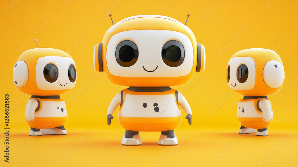 Poster cute robot character with smile face. 3d realistic vector set of cartoon funny ai chatbot mascot in 
