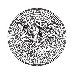 Naklejka premium Archangel Michael versus Devil Mosaic Outline in Arc Window 2030-01
