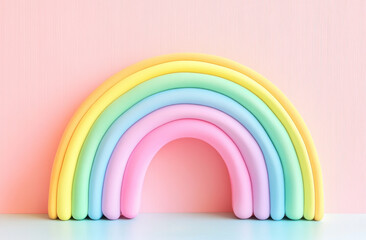soft pastel rainbow arch against light pink background creates cheerful and whimsical atmosphere. smooth, colorful arcs are visually soothing and playful