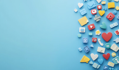 Social Media Icons on a blue background: A collection of vibrant social media icons and symbols scattered across a light blue background.