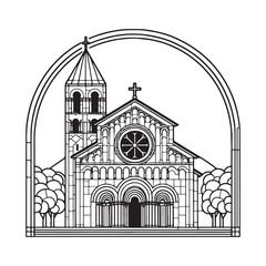 Detailed Black and White Line Art Illustration of a Catholic Church