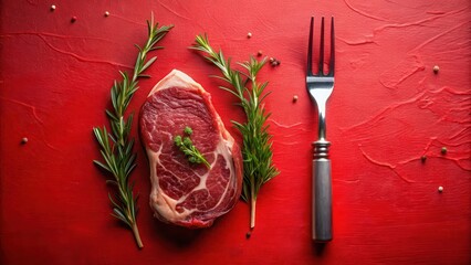 Raw steak with cutlery arranged on a bold red background, restaurant, garnish,  restaurant, garnish, cutlery, plate