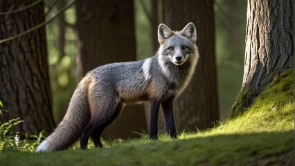 Obraz premium A fox stands alert in a forest, surrounded by trees and moss.