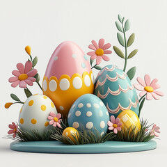 Colorful cartoon arrangement of Easter eggs and flowers, design in pastel and playful style.