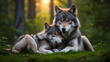 Obraz premium Two wolves rest together in a serene forest setting, bathed in soft golden light.