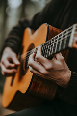 Close-up of Hands Playing an Acoustic Guitar with Focus on the Strings, Capturing the Art of Music and Performance, Perfect for Themes of Creativity, Passion, and Musical Expression