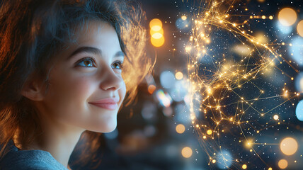 happy young woman gazes thoughtfully at glowing network of lights, symbolizing connection and inspiration. Her expression reflects curiosity and wonder