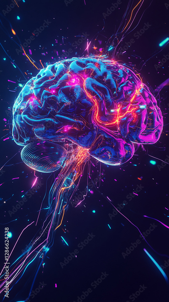 Poster a glowing 3d brain composed of neon lights and electric colors, symbolizing advanced digital technol