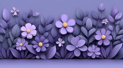 Vibrant Display of Purple Flowers With Green Leaves Arranged Beautifully on a Soft Backdrop, Captured in Bright Natural Light During Springtime