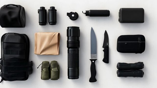A neatly arranged outdoor gear setup featuring tactical flashlight, knife, and binoculars on a white background