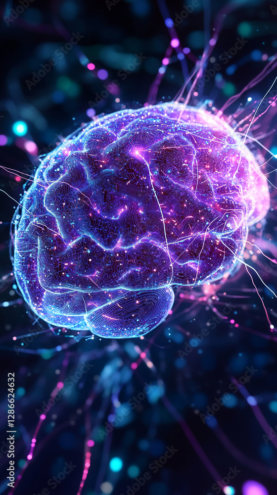 Poster a glowing 3d representation of a brain, formed by neon lights and energetic connections, symbolizing