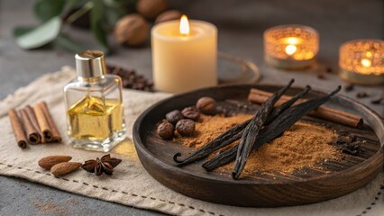 Wooden Dish Displaying Vanilla Beans and Spices for Fragrance Presentation
