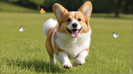 A happy corgi runs through a grassy field with butterflies around.