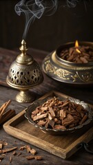 Brass Incense Burner Emitting Fragrant Smoke with Oud Wood Chips