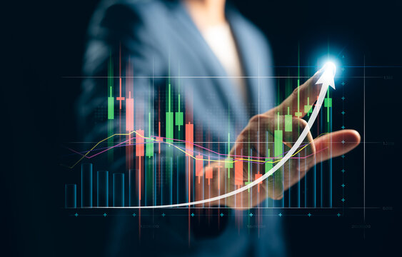 Businessman hand touching analyzing Business growth graph finance data stock bar chart Hologram trade currency investment on city background. Business financial stock market concept.