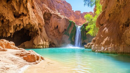 Waterfall Cascading Into Turquoise Pool in Canyon Landscape with Cave