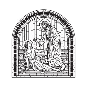 Minimalist mosaic illustration depicting Jesus and the adulterous woman within an arched window