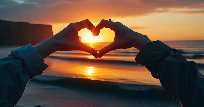 Create a serene and romantic scene of a sunset on the beach with two hands forming a heart shape against a golden ocean backdrop