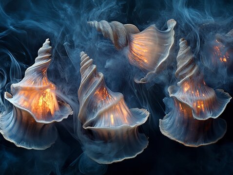 Ethereal Shells Glowing in Misty Background with Artistic Flair