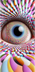 Obraz premium Hypnotic Eye: A mesmerizing and colorful close-up of a human eye, where intricate geometric patterns and swirling hues create a sense of wonder and psychedelic abstraction. 