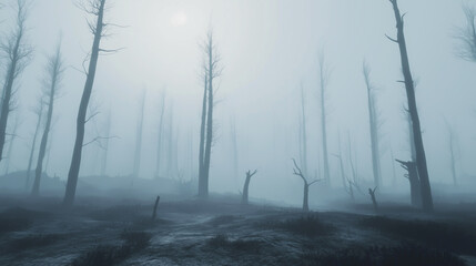 Foggy desolate forest with leafless trees creating an eerie atmosphere