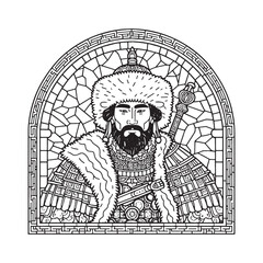 Naklejka premium Minimalist mosaic outline of a mongol ruler with fur hat inside an arc window